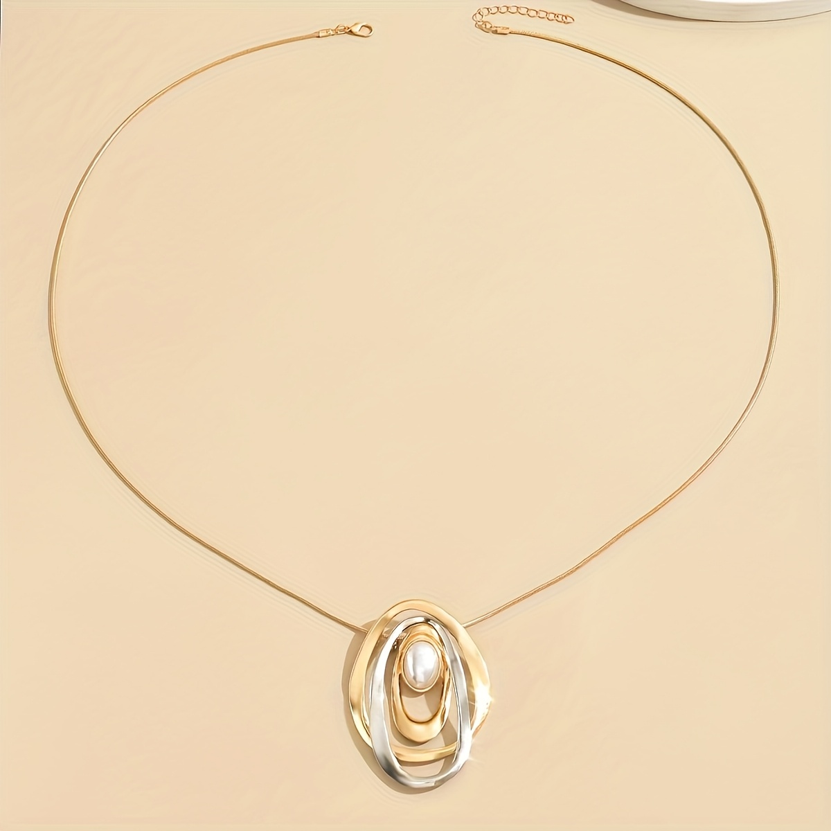 Geometric Oval Pendant Necklace with Beads